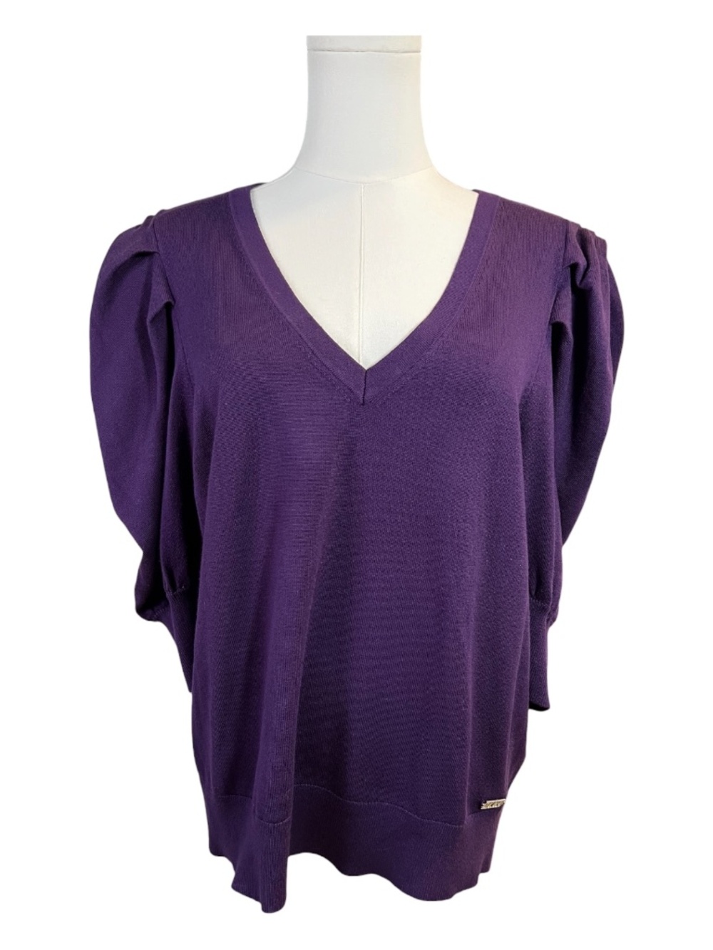 EUC++ DKNY purple puff sleeve v-neck sweater | size XL
